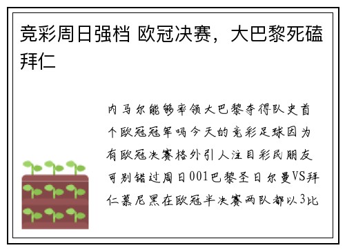 竞彩周日强档 欧冠决赛，大巴黎死磕拜仁