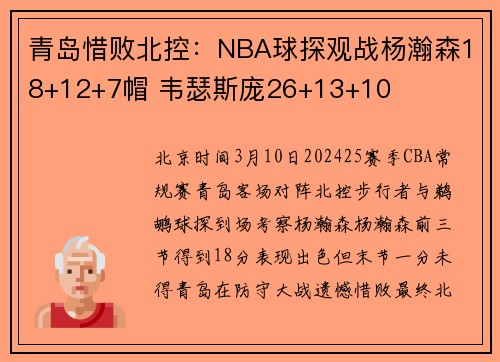 青岛惜败北控：NBA球探观战杨瀚森18+12+7帽 韦瑟斯庞26+13+10